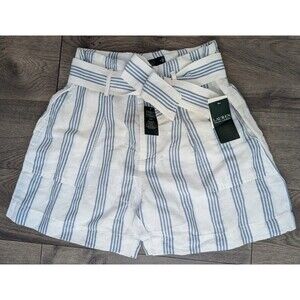 Lauren Ralph Lauren Linen Cotton Belted Shorts White Blue Stripe High Waist Sz 2